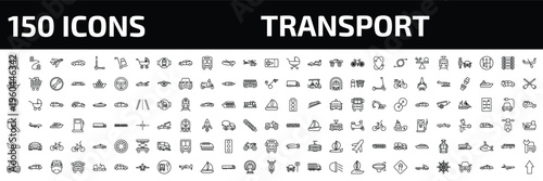 transport outline icon set. 150 linear vector for ui, web and mobile. thin line diesel train, way, air transport and more icons.