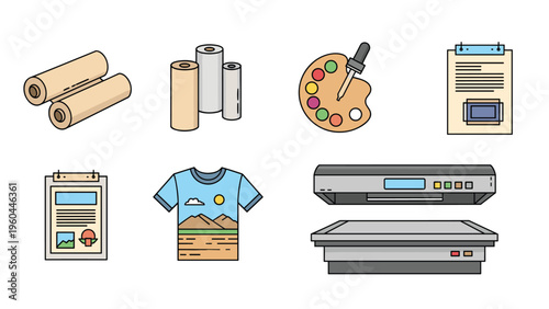 Collection of icons representing the textile design and printing process with fabric rolls, palette, printer, and printed t-shirts.