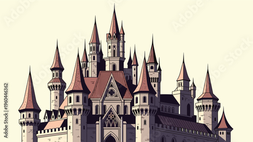 Detailed illustration of a grand medieval stone castle featuring multiple high towers with red conical roofs and arched gateways.