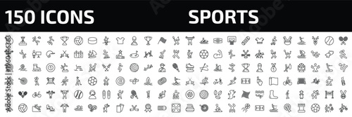 sports outline icon set. 150 linear vector for ui, web and mobile. thin line ball arrow, number one athlete, man losing hat and more icons.