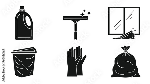 Solid black silhouette icons of cleaning supplies including a detergent bottle, window squeegee, trash can, gloves, and a garbage bag.