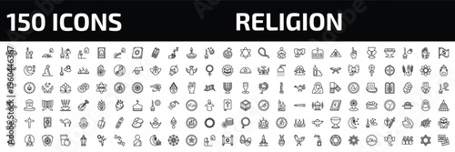 religion outline icon set. 150 linear vector for ui, web and mobile. thin line kippah, hebrew wine, sujud posture and more icons.