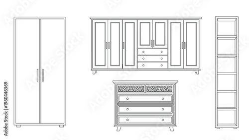 Line art illustrations of home storage furniture featuring a two-door wardrobe, a large wall unit, a drawer chest, and a tall shelf.