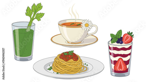 Selection of healthy food items displays green juice, herbal tea with a daisy, a plate of spaghetti, and a colorful berry parfait.