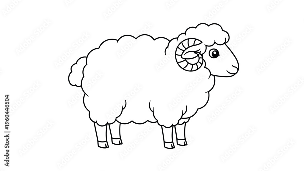 Obraz premium Clean line art drawing of a ram or male sheep with large curved horns standing in a neutral profile position for coloring books.