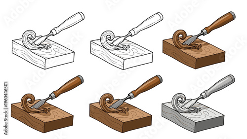 Icons showing a sharp metal chisel carving a piece of wood with curly shavings in six different artistic and color styles.