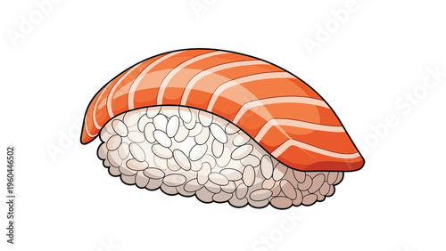 Detailed illustration of a fresh salmon nigiri sushi piece with visible rice grains and a vibrant orange fish slice on top.