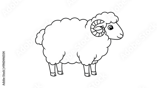 Clean line art drawing of a ram or male sheep with large curved horns standing in a neutral profile position for coloring books.