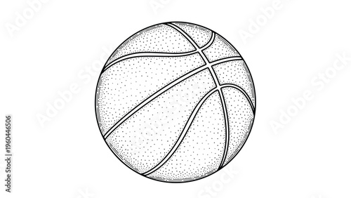 Detailed black and white line art drawing of a basketball showing its textured surface and iconic seam pattern for sports art.