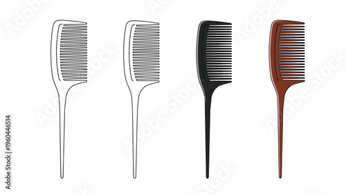 Professional hair combs in four different versions including white outline solid black and a realistic brown plastic variant.