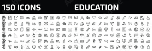 education outline icon set. 150 linear vector for ui, web and mobile. thin line pencil case, notebook with bookmark, school agenda and more icons.
