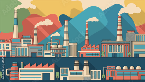 Vibrant flat design illustration of an industrial landscape featuring various factories and plants with smoking chimneys.