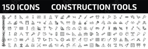 construction tools outline icon set. 150 linear vector for ui, web and mobile. thin line dustpan and brush, repair wrench, inclined clippers and more icons.