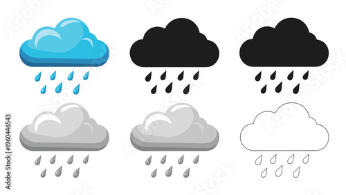 Set of rain cloud icons in different styles and shades of blue gray and black are perfect for weather and seasonal designs.