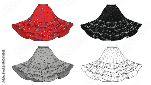 Elegant tiered ruffled skirt shown in four versions including a red polka dot design solid black and gray for fashion icons.