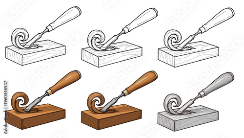 Craftsmanship icons featuring a chisel carving into a block of wood with curly shavings shown in diverse artistic styles.
