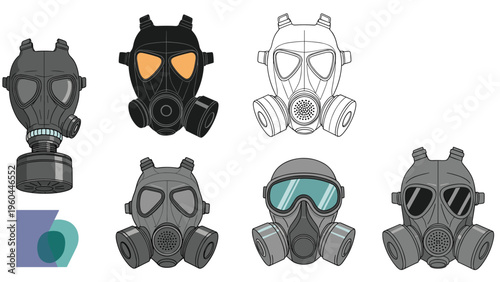 Collection of protective gas masks and respirators shown in seven designs including military and stylized line art versions.