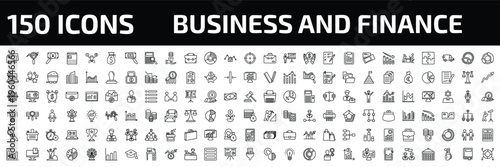 business and finance outline icon set. 150 linear vector for ui, web and mobile. thin line business card, database analysing, yen business search and more icons.