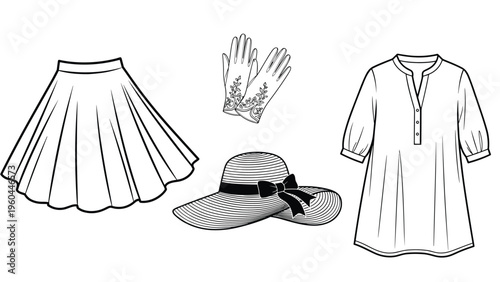 Assorted fashion accessories line art depicting a flowing flared skirt, elegant lace gloves, a wide-brimmed sun hat, and a casual tunic dress.