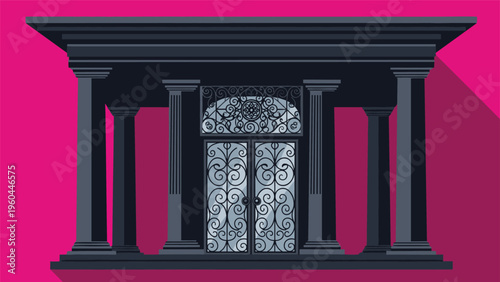Architectural illustration of a grand classical building facade with dark pillars and ornate wrought iron doors against a pink background.