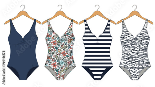 Four stylish one-piece women's swimsuits displayed on wooden hangers featuring solid, floral, striped, and abstract geometric patterns.
