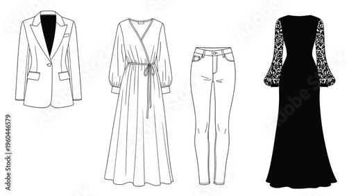 Detailed fashion design sketches featuring a professional blazer, stylish wrap dress, casual jeans, and elegant long sleeve evening gown.