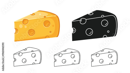 Various artistic representations of a cheese wedge available in full color, solid black silhouette, and simple line art outline versions.