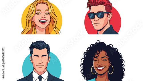 Collection of four colorful flat design avatars representing diverse people with stylish hairstyles, sunglasses, and professional attire.