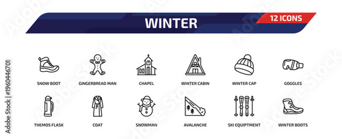winter outline icon set. 12 linear vector for ui, web and mobile. thin line snow boot, gingerbread man, chapel and more icons.