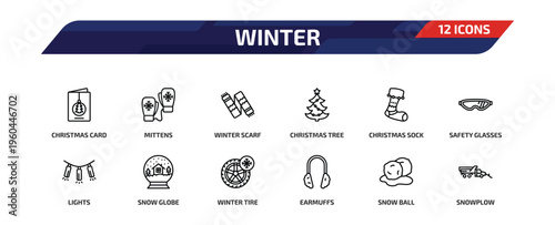 winter outline icon set. 12 linear vector for ui, web and mobile. thin line christmas card, mittens, winter scarf and more icons.