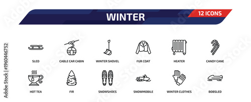winter outline icon set. 12 linear vector for ui, web and mobile. thin line sled, cable car cabin, winter shovel and more icons.