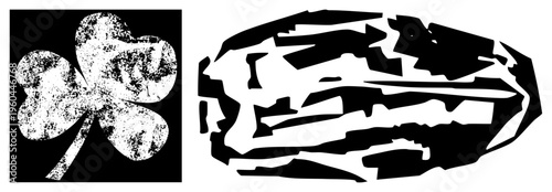 Four leaf clover symbol with gritty, weathered texture, lucky charm, Irish emblem, rustic stencil art, graphic design element.