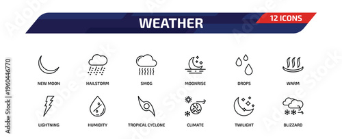 weather outline icon set. 12 linear vector for ui, web and mobile. thin line new moon, hailstorm, smog and more icons.