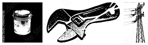 tools and infrastructure paint can with lid, adjustable wrench with textured grip, power tower with insulators, halftone vector style.