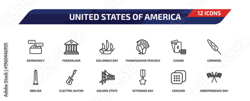 united states of america outline icon set. 12 linear vector for ui, web and mobile. thin line democracy, federalism, columbus day and more icons.