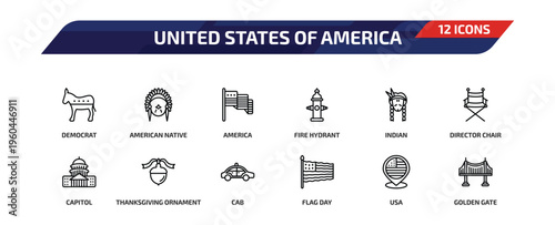 united states of america outline icon set. 12 linear vector for ui, web and mobile. thin line democrat, american native, america and more icons.