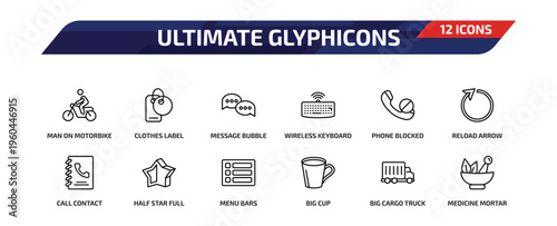 ultimate glyphicons outline icon set. 12 linear vector for ui, web and mobile. thin line man on motorbike, clothes label, message bubble and more icons.