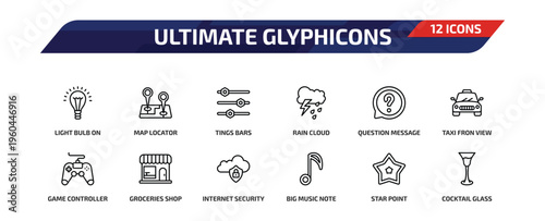 ultimate glyphicons outline icon set. 12 linear vector for ui, web and mobile. thin line light bulb on, map locator, tings bars and more icons.