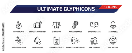 ultimate glyphicons outline icon set. 12 linear vector for ui, web and mobile. thin line round flame, suitcase with check, empty star and more icons.