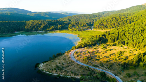 Bolu, Turkey. Abant - Large freshwater lake surrounded by mountains and forest with picturesque views. Sunset time, Aerial View
