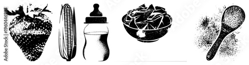 Vector illustrations of strawberry, corn, baby bottle, ice bowl, and spoon using halftone dots, isolated food, kitchen essentials, design, graphic elements.