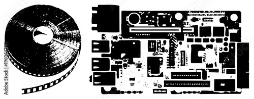 Stylized film strip spool and electronic circuit board with halftone texture, isolated vector art, tech and design elements, graphic.