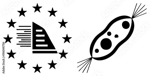 EU flag symbol with stars and stylized ship, paramecium protozoan with cilia and internal organelles, scientific illustration, biology education, microscopic life form.