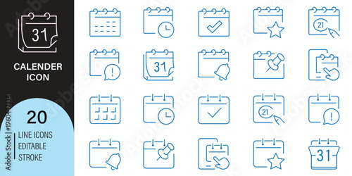 modern linear calendar and date icon set. vector thin line outline symbols for ui-ux app and web interfaces. minimal stroke collection including date. Calendar, agenda, planner outline icons set Flat