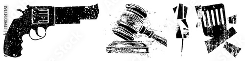 Distressed vector revolver, gavel, spatula gritty textures, bold, symbolic for crime, courts, cooking. Flat design with wear effects.