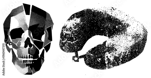 Graphic design featuring skull and brain rendered in halftone, vector illustration, medical or gothic theme, black and white, stylized anatomy.