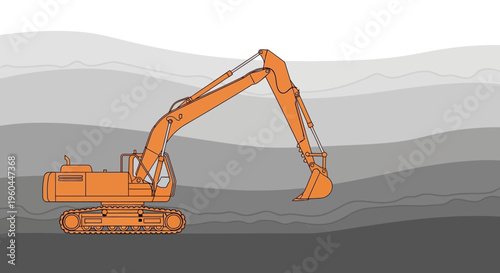Orange Excavator Machine Digging Earth Ground