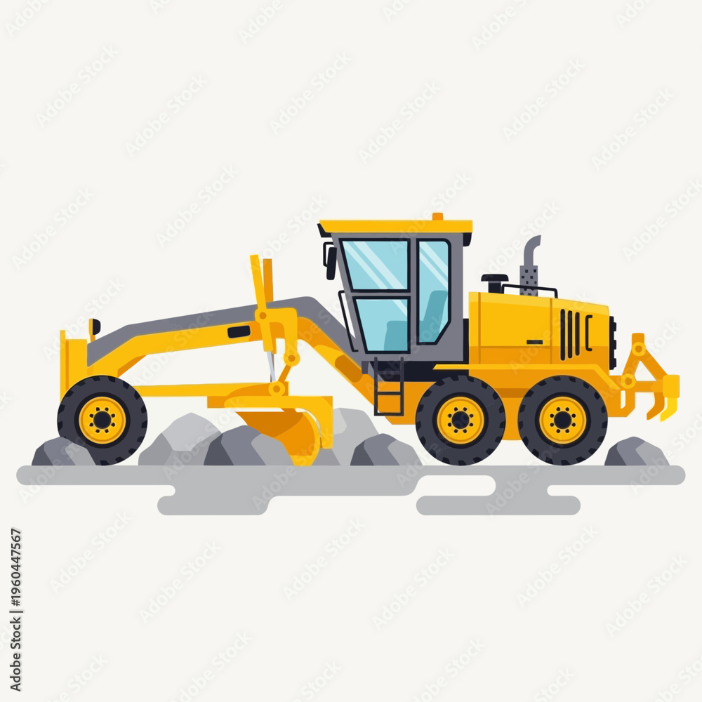 Naklejka premium Modern Yellow Grader Machine Working on Construction Site Elevated View