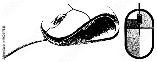 Digital mouse graphic with halftone shading, ergonomic, wired, computer input device, vector illustration.