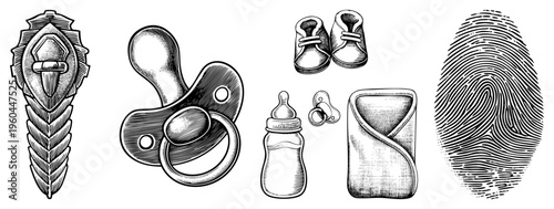Classic baby essentials including pacifiers, bottles, booties, and swaddled infant, alongside fingerprint, rendered in detailed art.